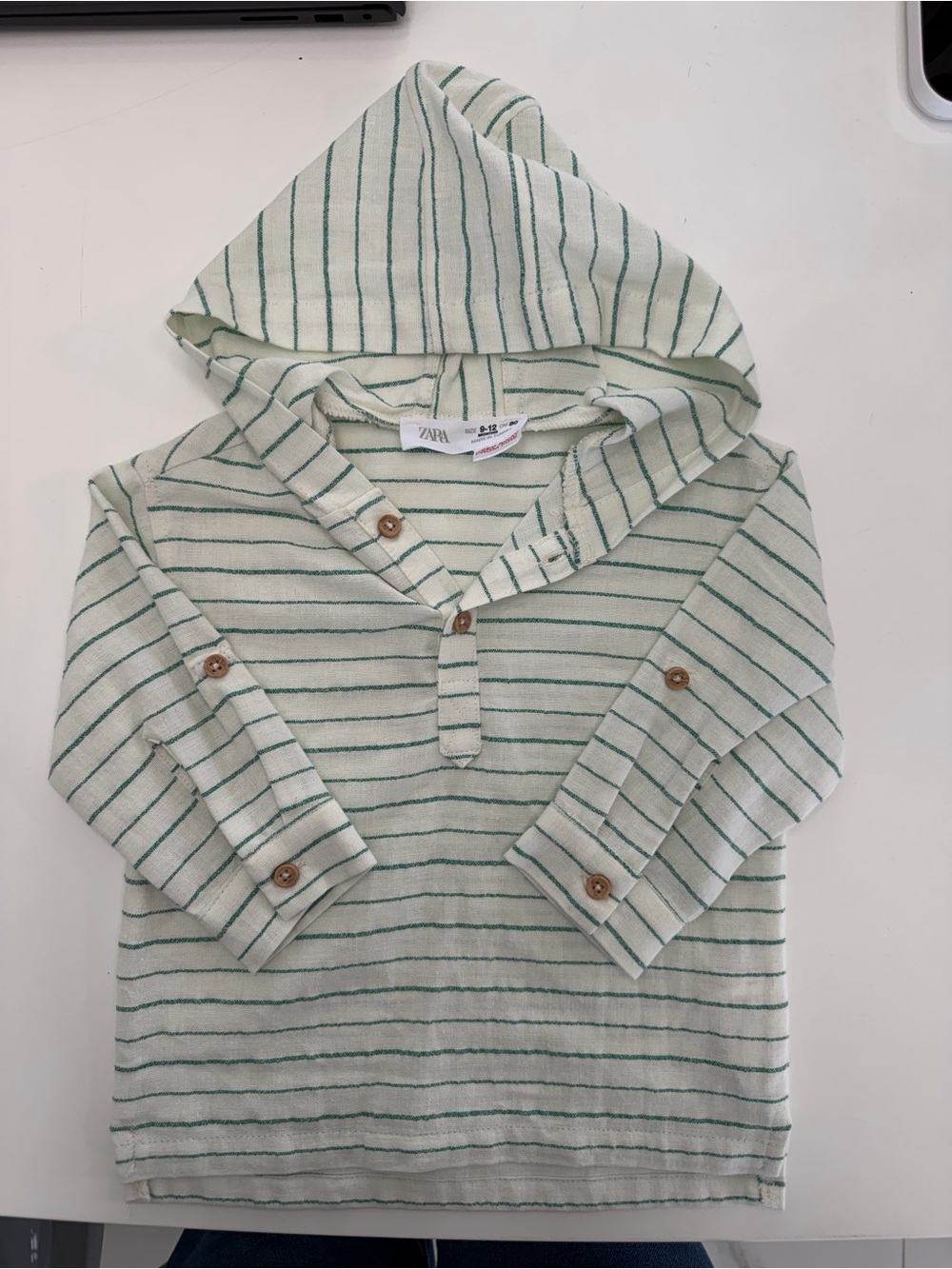 Zara LinenHooded Striped Pullover in Cream and Green NWOT